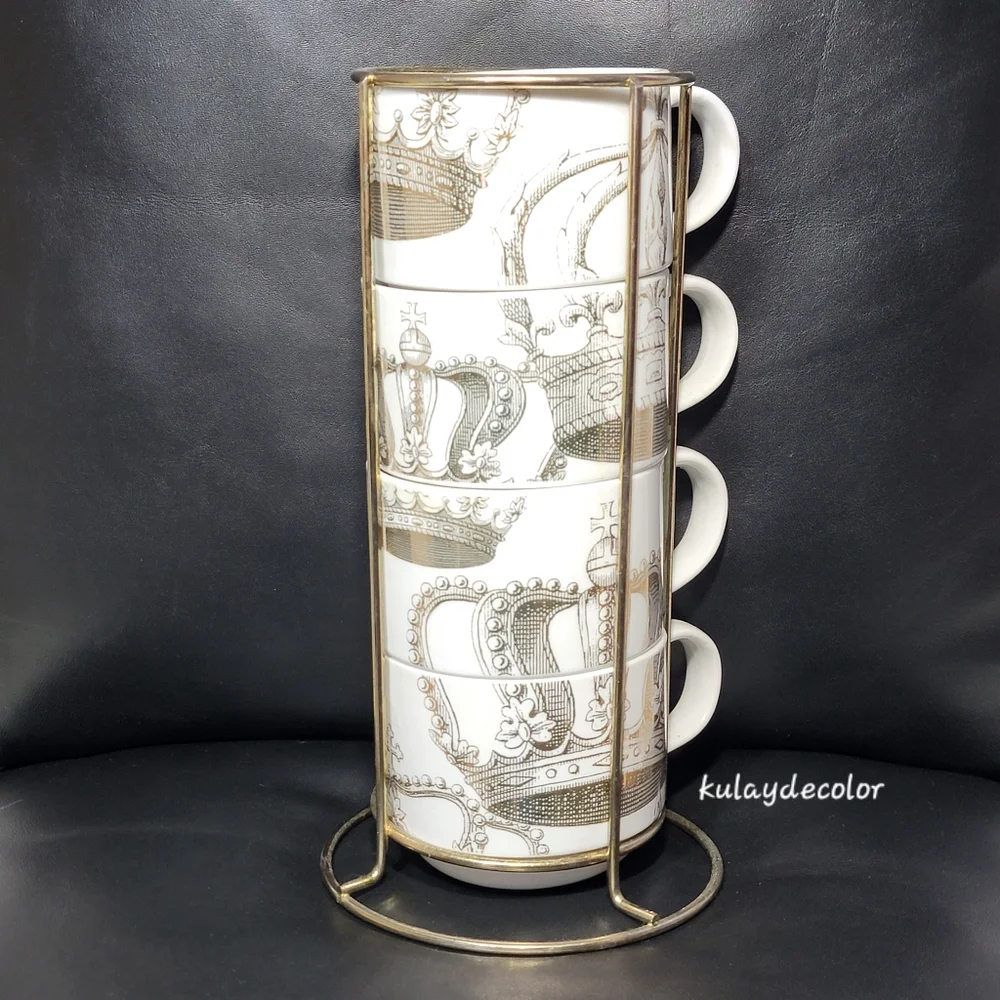 Pier 1 Imports Gold Crown Print Stacking Mugs Set w/ Gold Metal Rack Coffee Cups